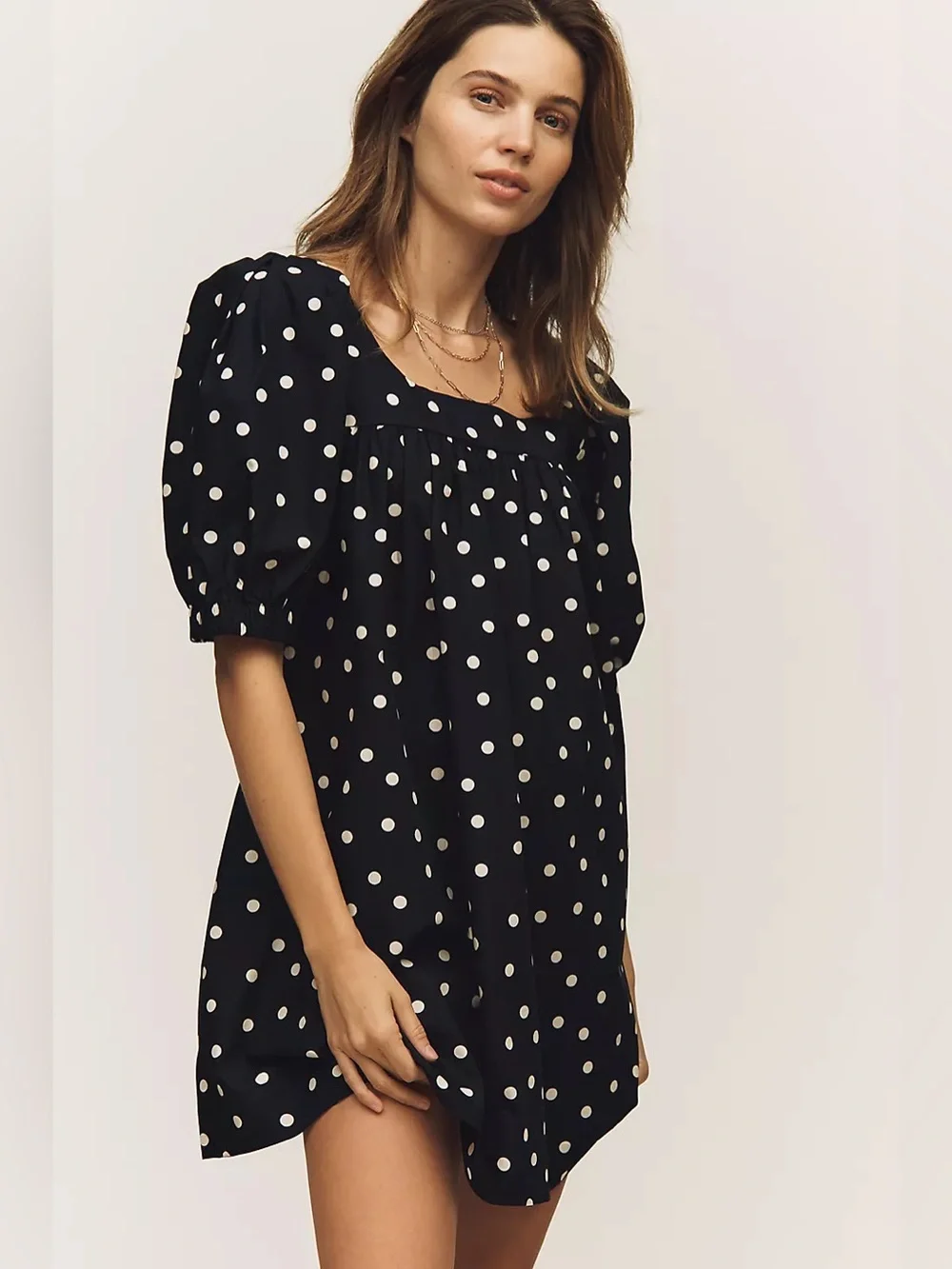 Anthropologie Maeve Polka Dot Square Neck Puff Sleeve Babydoll Mini Dress Large - Picture 2 of 9